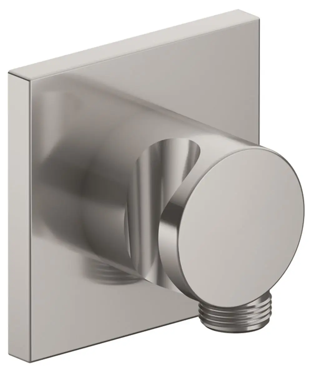 Keuco Schlauchanschluss in eckiger Form aus Edelstahlfinish, mit integriertem Brausehalter und Gewinde, montiert auf einer flachen Wandplatte.